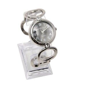 Kendall & James Bangle Cuff Watch Bracelet Crystals Quartz Silver Metal Black